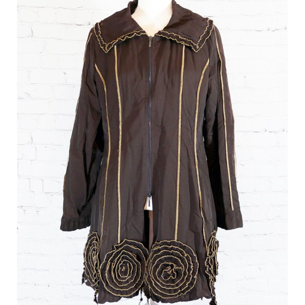 L33 Brown Fitted Coat/Jacket with Tan Stitching, Fleece Lining, & Roses